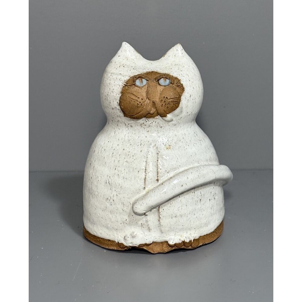 Chubby White Cat Long Tail w/Blue Eyes Unique Clay Pottery Figurine 4.75” SIGNED